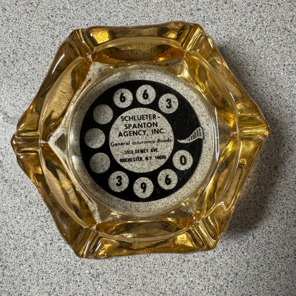 Vintage Amber Glass Ashtray Schlueter-Spanton Agency Rotary Phone Rochester NY